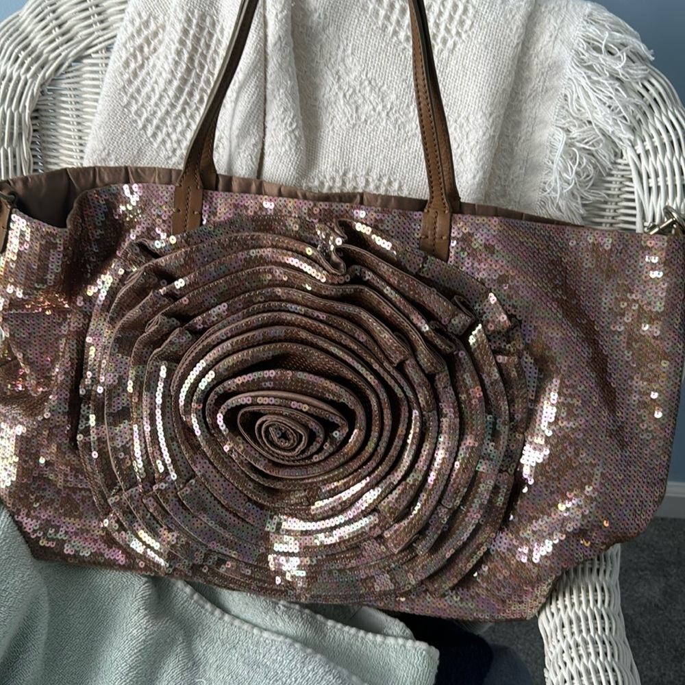Valentino rose gold rose motif sequin tote